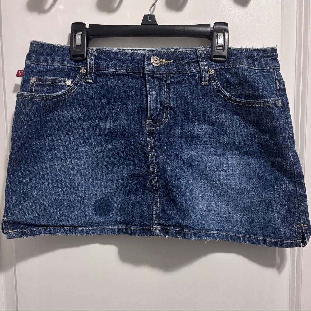 YMI dark wash denim mini skirt